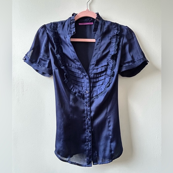 Smart Set Navy Satin Ruffle Button-Down Blouse - Picture 1 of 4